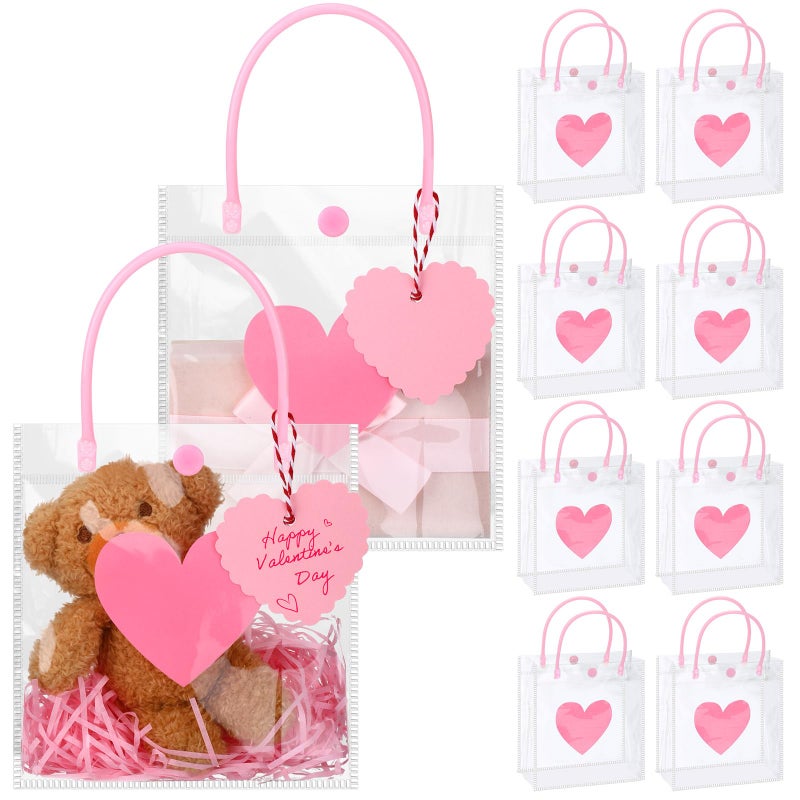 Bulyoou 24 Pcs Valentine's Day Clear Gift Bags Bulk with Handles 6" x 2.8" x 6.3" Small Valentines Transparent PVC Plastic Tote Goodie Heart Bags with Ribbons for Wedding Party Birthday(Red) - Image 1