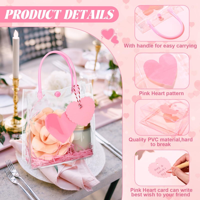 Bulyoou 24 Pcs Valentine's Day Clear Gift Bags Bulk with Handles 6" x 2.8" x 6.3" Small Valentines Transparent PVC Plastic Tote Goodie Heart Bags with Ribbons for Wedding Party Birthday(Red) - Image 3