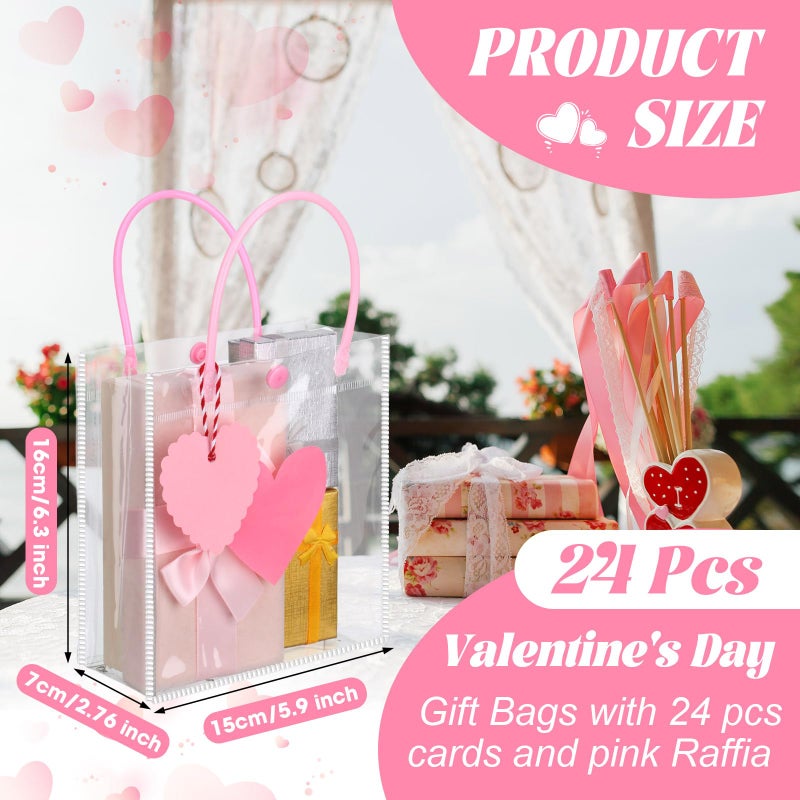 Bulyoou 24 Pcs Valentine's Day Clear Gift Bags Bulk with Handles 6" x 2.8" x 6.3" Small Valentines Transparent PVC Plastic Tote Goodie Heart Bags with Ribbons for Wedding Party Birthday(Red) - Image 2