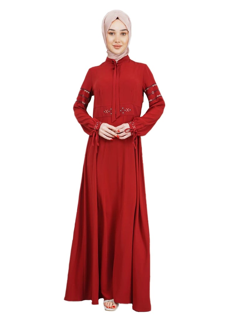 Lamora Women's Long Dress with Embroidered Sleeves and Belt Rounded Neck with rope Ladies Dress for your special Occasions Burgundy - Image 1
