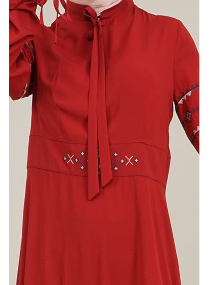 Lamora Women's Long Dress with Embroidered Sleeves and Belt Rounded Neck with rope Ladies Dress for your special Occasions Burgundy - Image 2