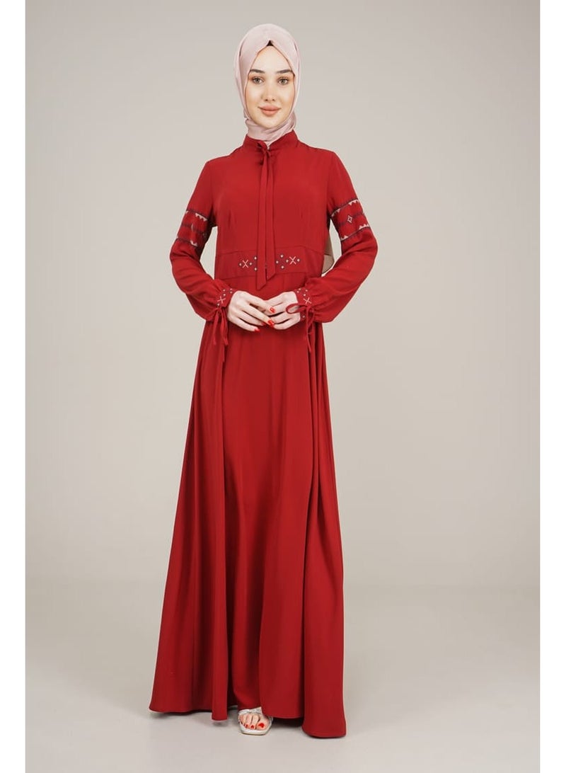Lamora Women's Long Dress with Embroidered Sleeves and Belt Rounded Neck with rope Ladies Dress for your special Occasions Burgundy - Image 3