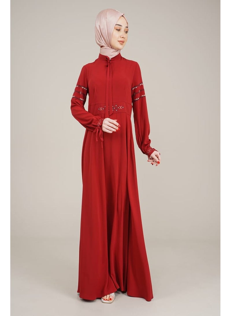 Lamora Women's Long Dress with Embroidered Sleeves and Belt Rounded Neck with rope Ladies Dress for your special Occasions Burgundy - Image 4