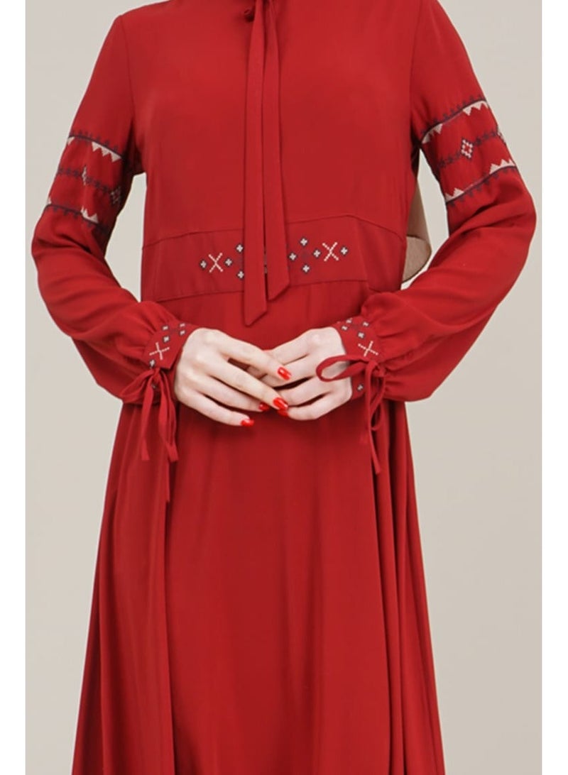 Lamora Women's Long Dress with Embroidered Sleeves and Belt Rounded Neck with rope Ladies Dress for your special Occasions Burgundy - Image 5