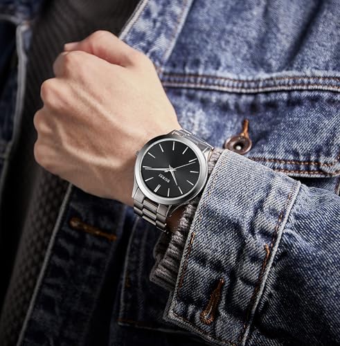 BUREI Mens Watches Fashion Business Stainless Steel Watches for Men Analog Quartz Waterproof Wristwatch,Gifts for Men(Black Silver) - Image 5