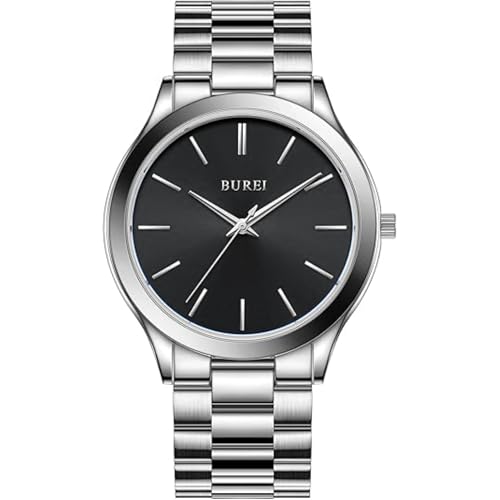 BUREI Mens Watches Fashion Business Stainless Steel Watches for Men Analog Quartz Waterproof Wristwatch,Gifts for Men(Black Silver) - Image 1