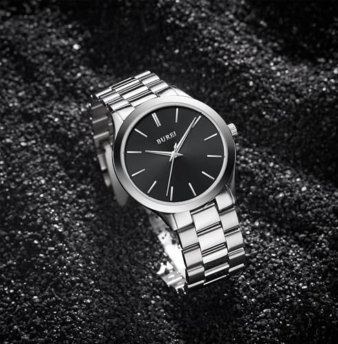 BUREI Mens Watches Fashion Business Stainless Steel Watches for Men Analog Quartz Waterproof Wristwatch,Gifts for Men(Black Silver) - Image 3
