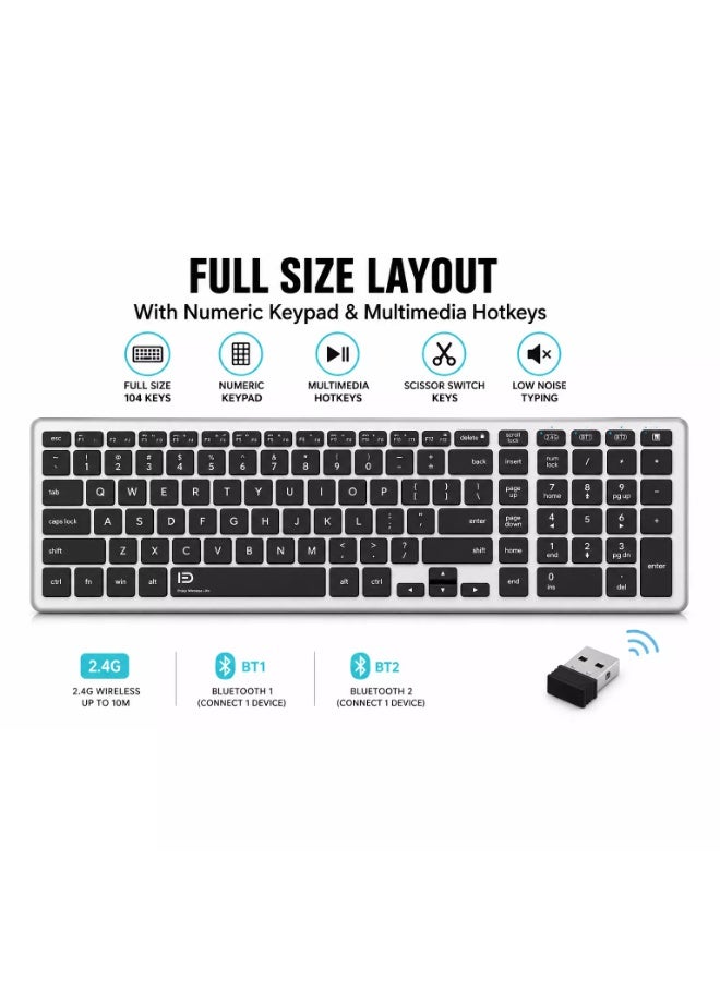 FD K602T Dual Mode Wireless 2.4G, Bluetooth Keyboard, Connect to 3 Devices, Rechargable Battery USB C Cable, Ultra Thin, Multimedia keys - Image 4
