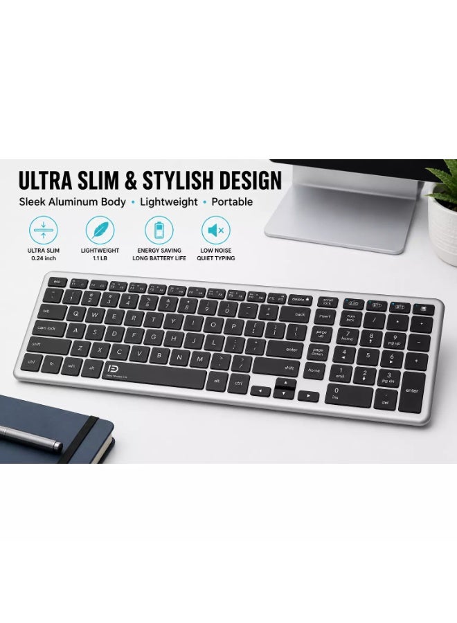 FD K602T Dual Mode Wireless 2.4G, Bluetooth Keyboard, Connect to 3 Devices, Rechargable Battery USB C Cable, Ultra Thin, Multimedia keys - Image 5