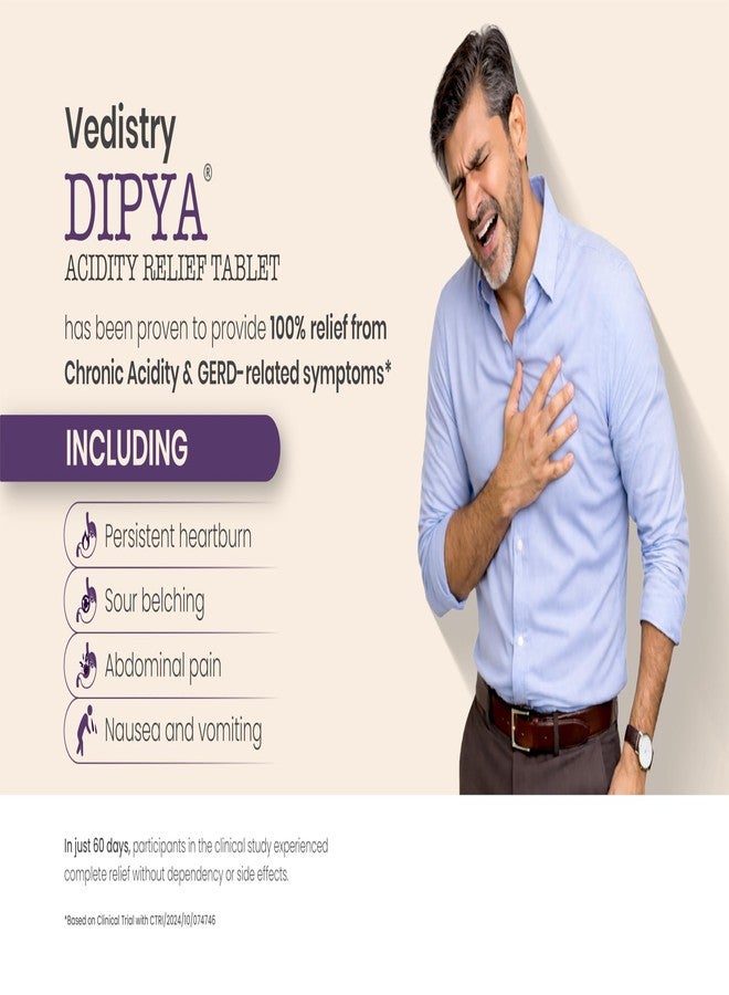 Vedistry Dipya Acidity Relief Tablet | Clinically Proven to Give 100% Relief from Acidity & GERD in 60 Days | Ayurvedic Solution for Chronic Acidity, Heartburn, Bloating & Acid Reflux - 60 Tablets (Pack of 1) - Image 3