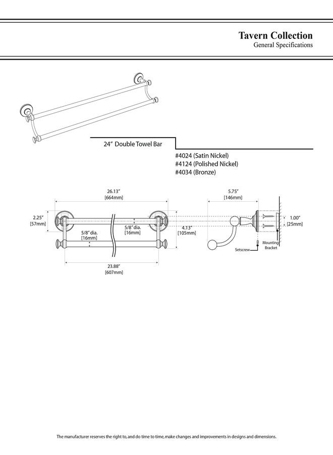 Gatco 4024 Tavern, Double Towel Bar, 24”, Satin Nickel - Image 3
