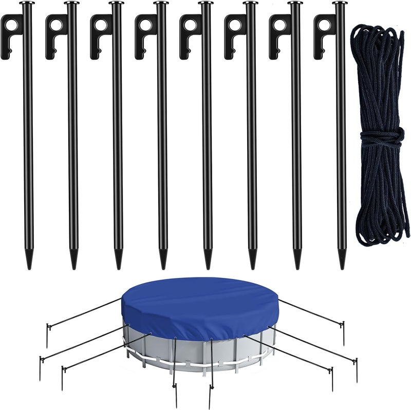 Feoang 8pack Pool Cover Anchor Kit for Above Ground Pools Heavy Steel Ground Stakes & Wind Ropes Metal Stakes for Pool Cover Ground Anchor Tie Down Kits for Winter Pool Cover Tarp Camping Canopy - Image 1