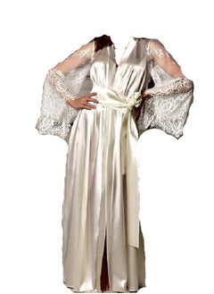 Women Lace Trim Long Sleeve  Sleepwear Silk  Kimono Lingerie Robe