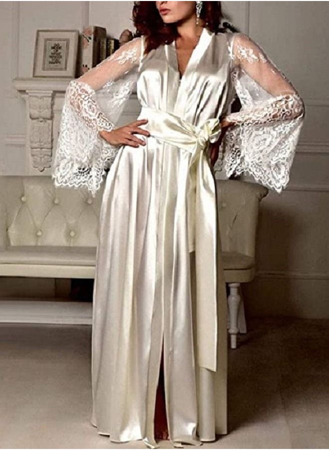 Generic - Women Lace Trim Long Sleeve  Sleepwear Silk  Kimono Lingerie Robe - Image 1