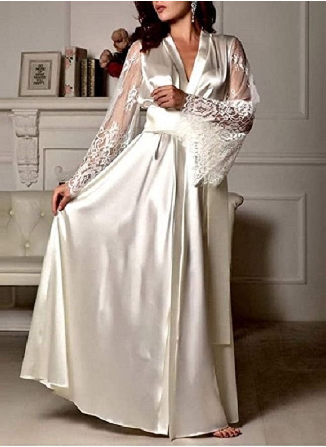 Generic - Women Lace Trim Long Sleeve  Sleepwear Silk  Kimono Lingerie Robe - Image 1