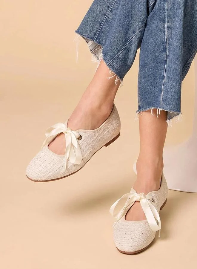 Styli  Beige Low Heel Ballet Flats with Ribbon Detail for Women | Best Price UAE