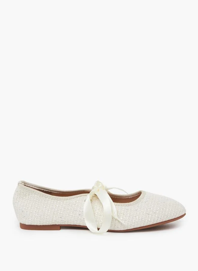Styli Beige Low Heel Ballet Flats with Ribbon Detail