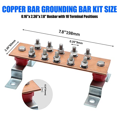 ELECTRAPICK Wall Mounted Copper Grounding Bar Kit, Copper Bus Bar 0.16"x 2.36"x 7.8" Ground Bus Bar with 10 Terminal Positions, UL Recognized SM40 Insulators Rated Uimp up to 6KV - Image 3
