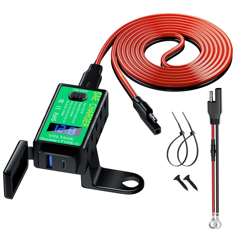 YONHAN Motorcycle Phone Charger Total 60W 68A Dual USB Type C PD QC 30 Motorcycle USB Charger SAE to USB Adapter with Voltmeter ONOff Switch Waterproof Motorcycle Accessories for Phone
