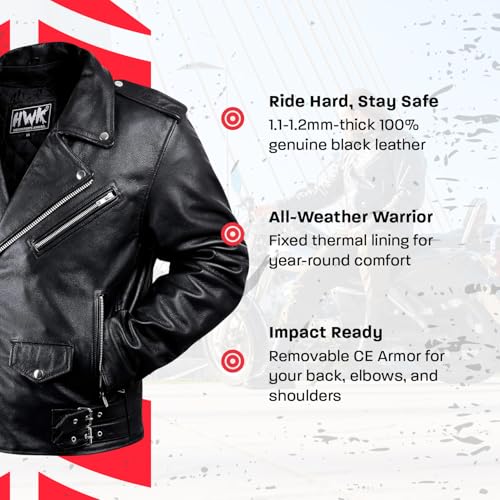HWK Brando Leather Motorcycle Jacket for Men, Genuine Black Leather Jacket with Removable CE Armor & Micro Polyester Thermal Lining for Weather & Water Resistant Enduro Motorbike Riding - Medium - Image 2
