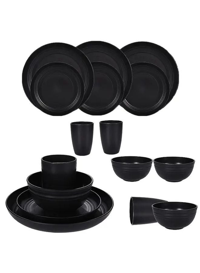 16 Piece Black Plastic Dinnerware Set 8 Plates 4 Bowls 4 Cups Microwave Dishwasher Safe - Image 1