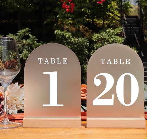ORGANTEAM Wedding Table Numbers 1-20, Acrylic Arch Signs with Natural Wood Stands Holders, Rustic Table Decor for Reception & Parties (Frosted White) - Image 1