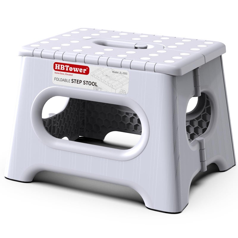 HBTower Folding Step Stool 9 Inch - Holds 600 lb, Non-Slip Surface & Carry Handle - Sturdy Step Stool for Kids, Toddlers & Adults - Compact Foldable Foot Stool for Kitchen, Bathroom, Bedroom(White) - Image 1