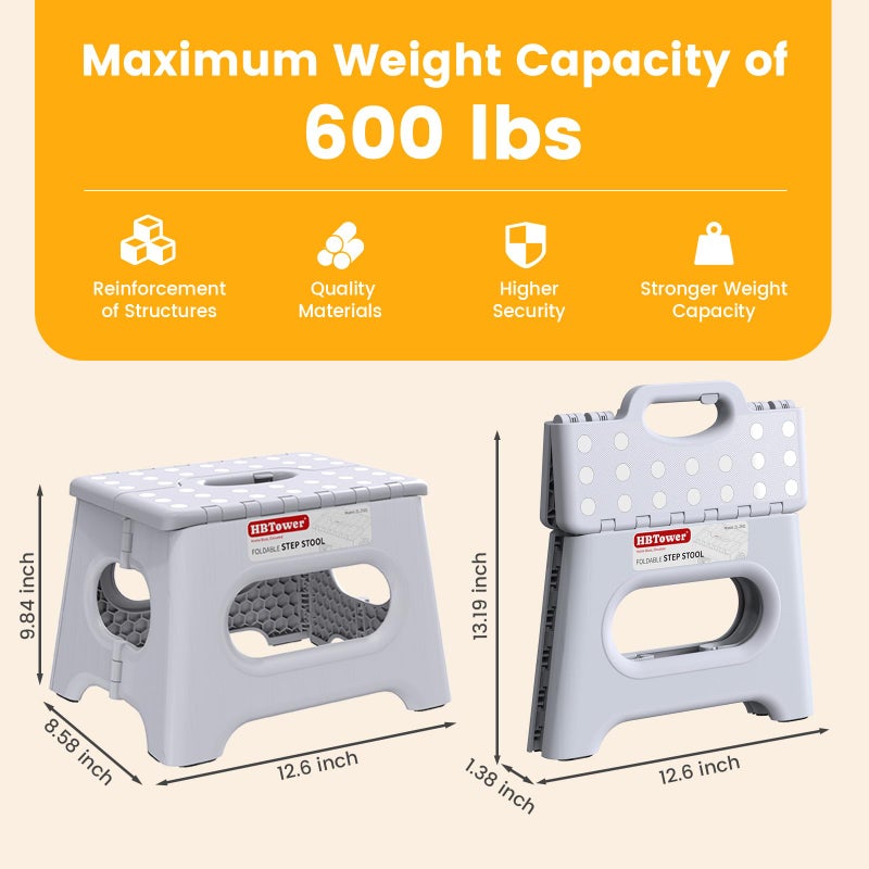 HBTower Folding Step Stool 9 Inch - Holds 600 lb, Non-Slip Surface & Carry Handle - Sturdy Step Stool for Kids, Toddlers & Adults - Compact Foldable Foot Stool for Kitchen, Bathroom, Bedroom(White) - Image 2