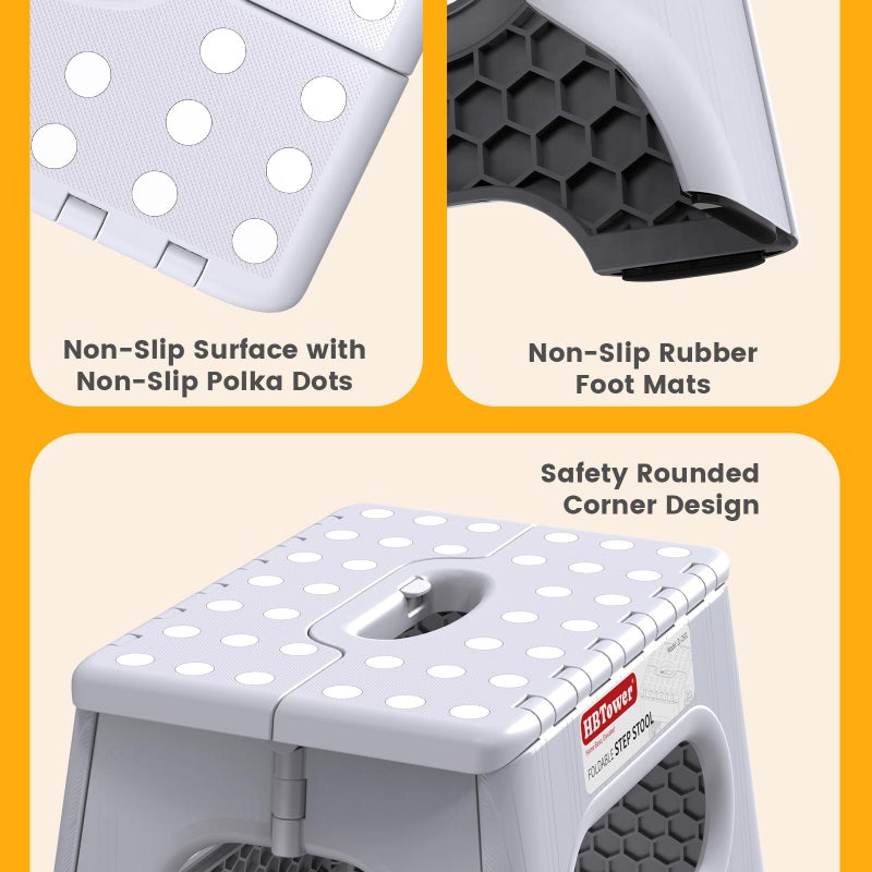 HBTower Folding Step Stool 9 Inch - Holds 600 lb, Non-Slip Surface & Carry Handle - Sturdy Step Stool for Kids, Toddlers & Adults - Compact Foldable Foot Stool for Kitchen, Bathroom, Bedroom(White) - Image 3