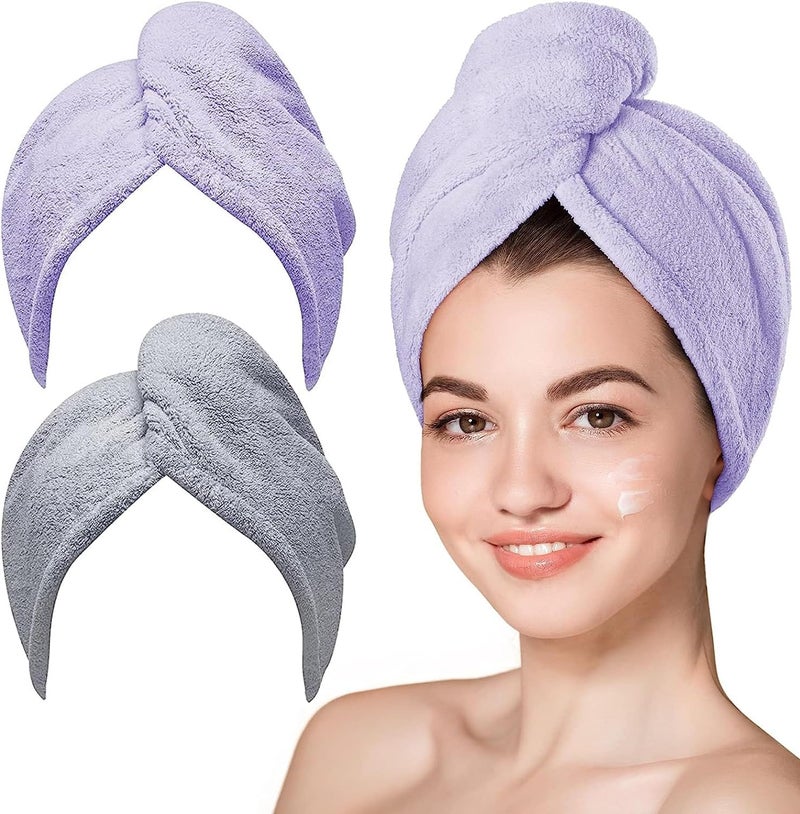 Hicober Microfiber Hair Towel, 2Packs Hair Turbans for Wet Hair, Drying Hair Wrap Towels for Curly Hair Women Anti Frizz (Purple,Grey) - Image 1