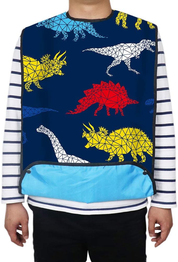 QCWN Waterproof Adult Bib Reusable Clothing Protector Washable Dining Eating Bibs for The Eldly Elderly Senior Men and Women Dinosaur - Image 3