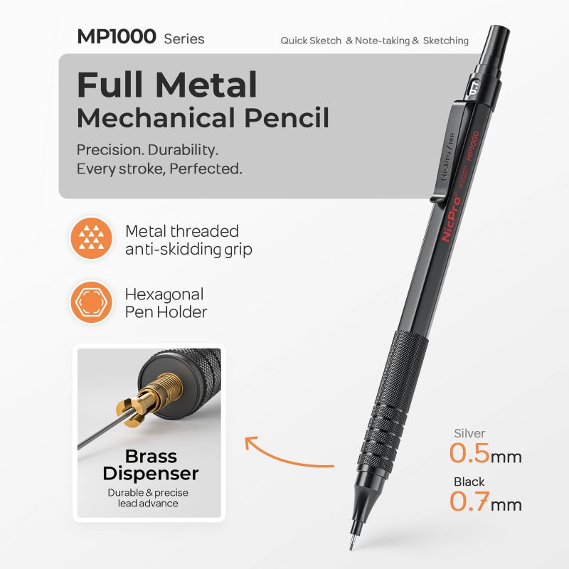 Nicpro 2 PCS Mechanical Pencils 0.5mm & 0.7 mm with Case, MP1000 Metal Artist Pencil Set with 4 Tubes HB Lead Refills, 2 Erasers, 9 Eraser Refills For Art Writing Drafting Drawing, Black & Silver - Image 2
