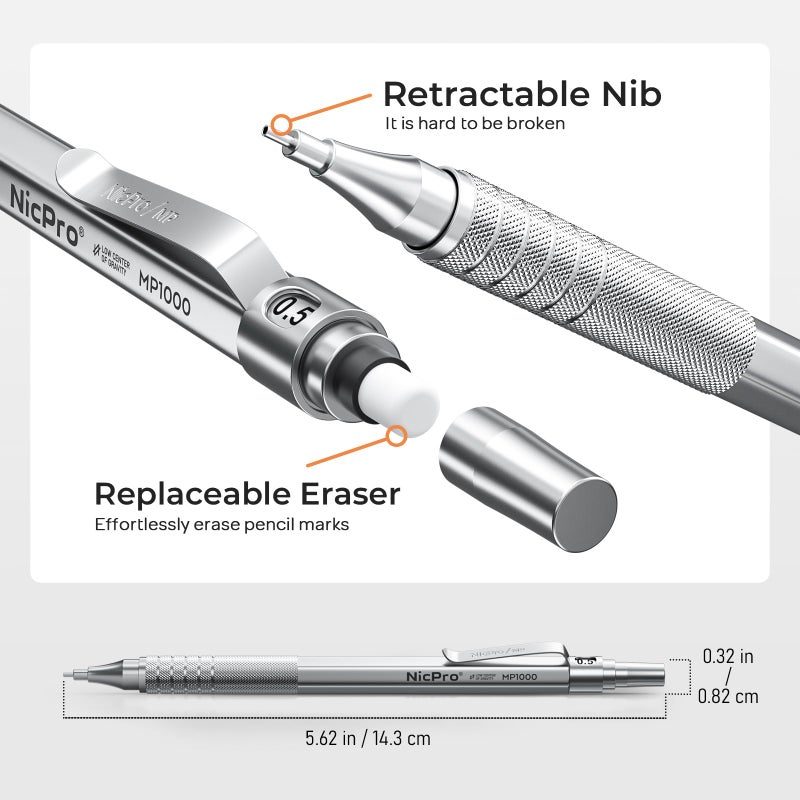 Nicpro 2 PCS Mechanical Pencils 0.5mm & 0.7 mm with Case, MP1000 Metal Artist Pencil Set with 4 Tubes HB Lead Refills, 2 Erasers, 9 Eraser Refills For Art Writing Drafting Drawing, Black & Silver - Image 3
