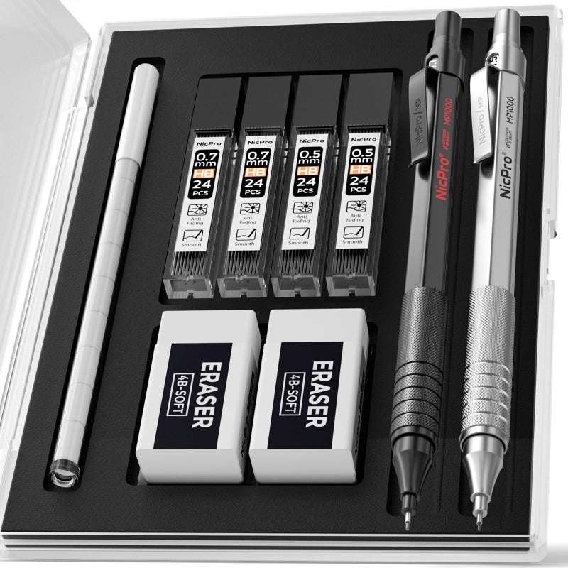 Nicpro 2 PCS Mechanical Pencils 0.5mm & 0.7 mm with Case, MP1000 Metal Artist Pencil Set with 4 Tubes HB Lead Refills, 2 Erasers, 9 Eraser Refills For Art Writing Drafting Drawing, Black & Silver - Image 1