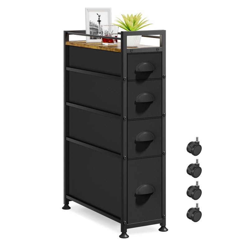 LASZOLA 4 Drawer Narrow Dresser Slim Cabinet Skinny Storage Tower Chest, Ideal for Small Spaces Bathroom Bedroom, Between Washer and Dryer, Lightweight Mobile on Wheels, Sturdy Fabric Drawers, Black - Image 1