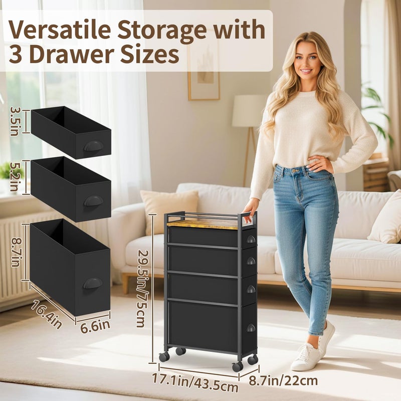 LASZOLA 4 Drawer Narrow Dresser Slim Cabinet Skinny Storage Tower Chest, Ideal for Small Spaces Bathroom Bedroom, Between Washer and Dryer, Lightweight Mobile on Wheels, Sturdy Fabric Drawers, Black - Image 3