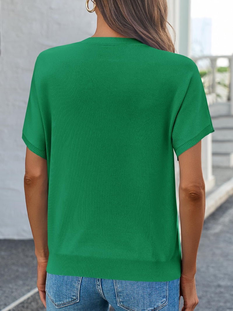 Saodimallsu Womens Short Sleeve Sweater Casual Basic Crew Neck Loose Knit Pullover Tops Summer Lightweight Blouses Green - Image 5