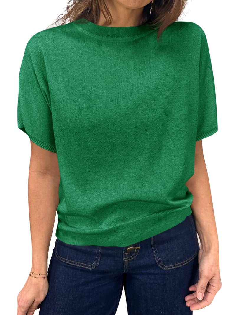 Saodimallsu Womens Short Sleeve Sweater Casual Basic Crew Neck Loose Knit Pullover Tops Summer Lightweight Blouses Green - Image 1