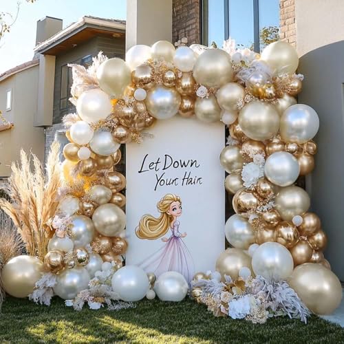 HIBAOpati Beige Gold Balloons Double Stuffed Sand White Balloon Garland Pearl White Cream Metallic Gold Balloon Arch Kit for Birthday Wedding Bridal Anniversary Boho Baby Shower Party Decorations - Image 1