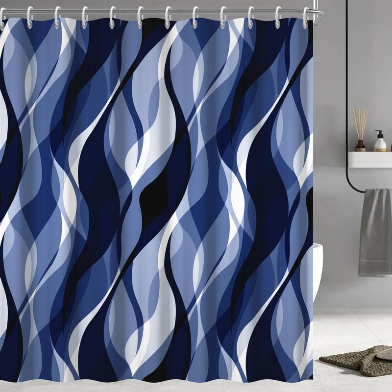 Ruelvth Navy Blue Shower Curtain, Modern Abstract Black and Blue Striped Shower Curtain Set for Bathroom Waterproof Shower Curtain with Hooks, 72x72 Inch - Image 1
