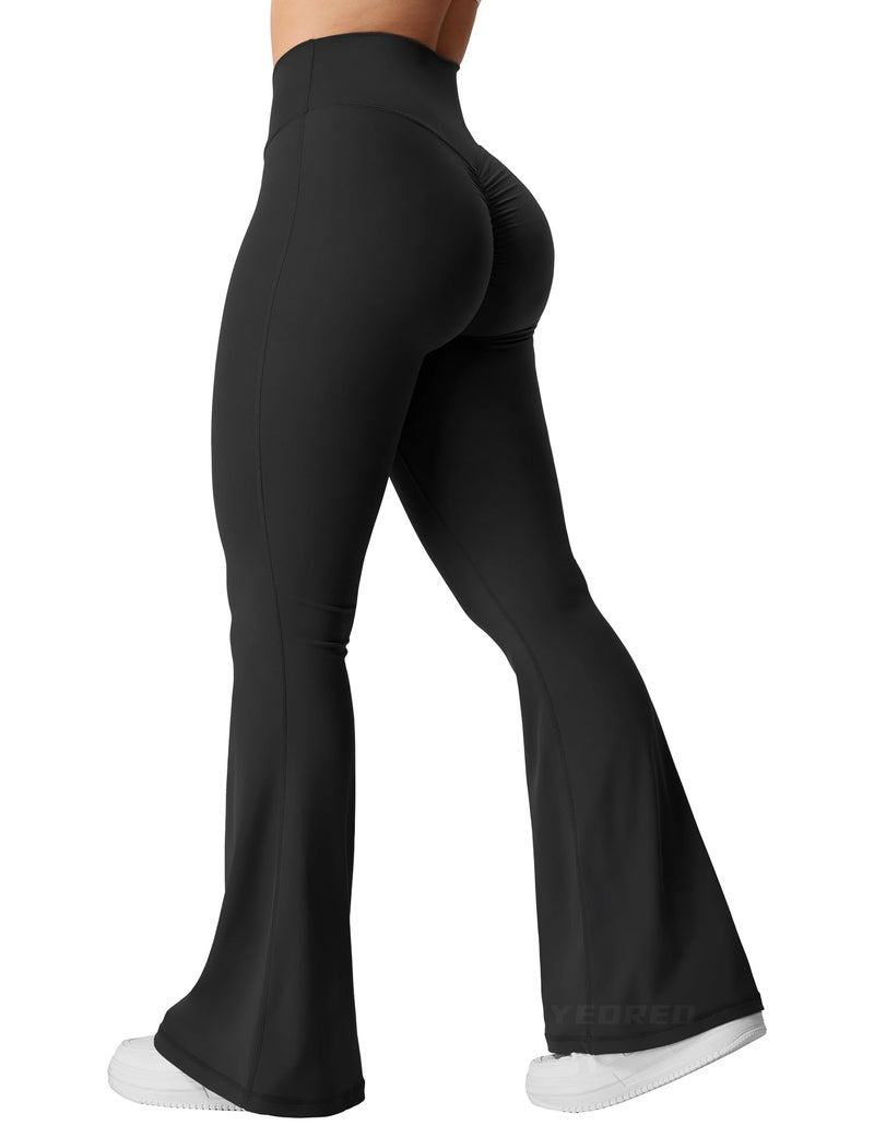 YEOREO Kalie Flare Scrunch Leggings for Women V Cross Waist Bell Bottom Yoga Pants Tummy Control Bootcut Workout Leggings Black M - Image 1