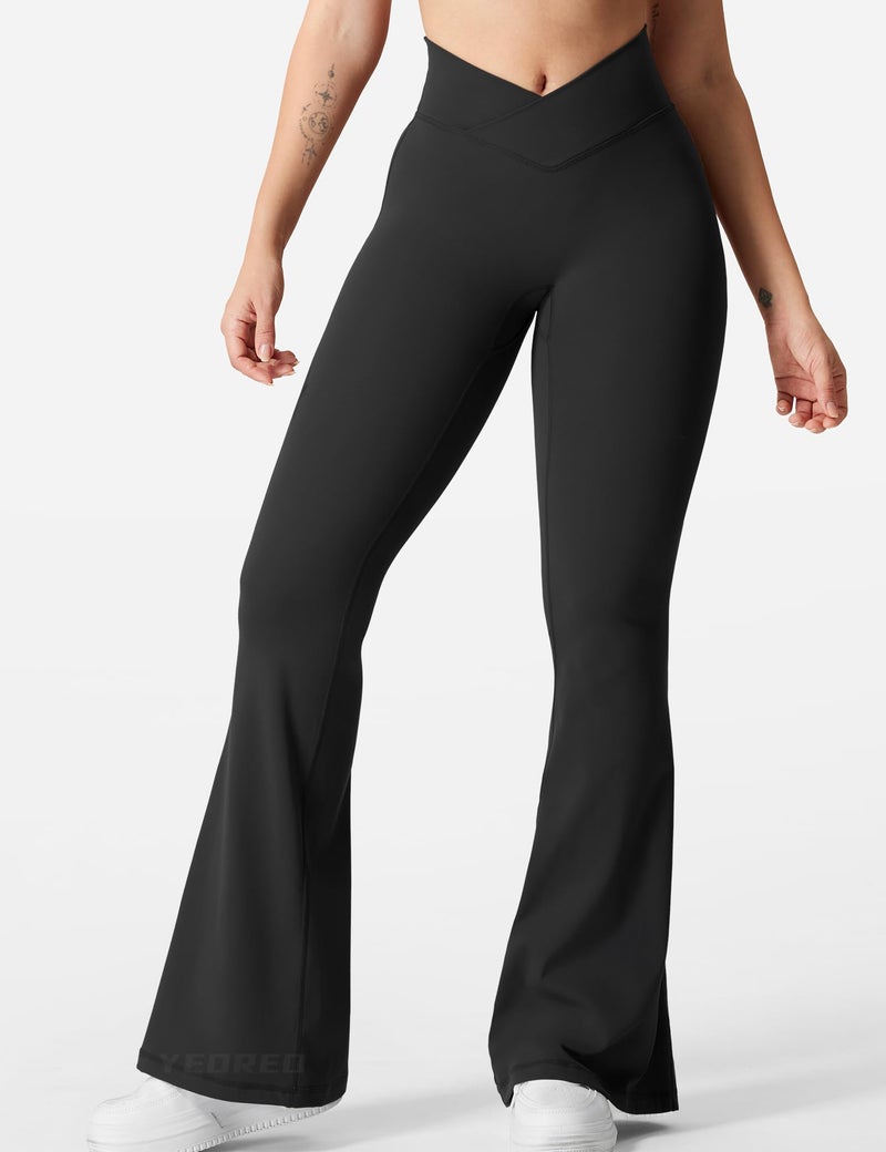 YEOREO Kalie Flare Scrunch Leggings for Women V Cross Waist Bell Bottom Yoga Pants Tummy Control Bootcut Workout Leggings Black M - Image 2