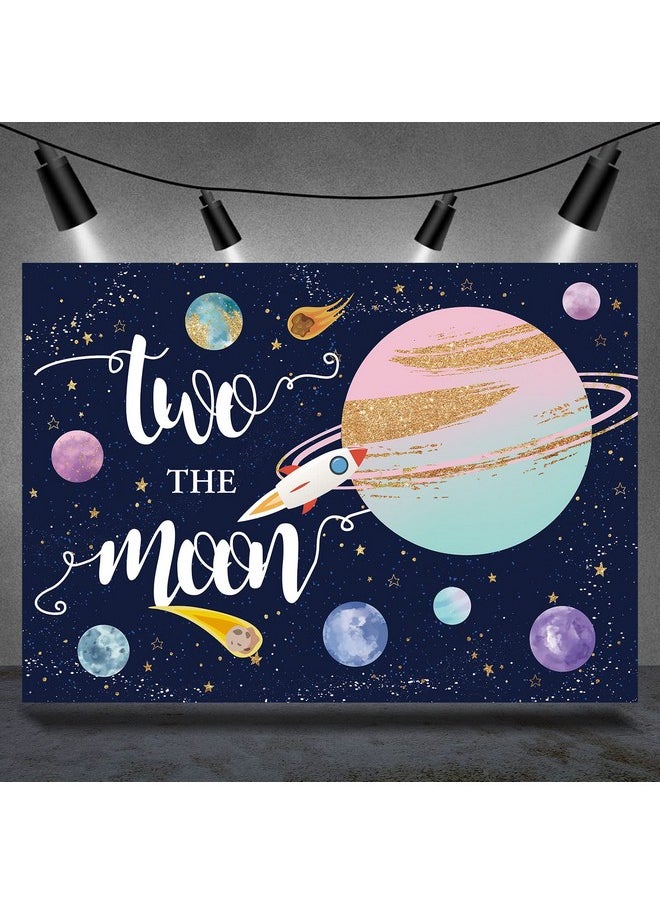 Rsuuinu Two The Moon 2Nd Birthday Backdrop For Girl Outer Space Theme Rocket Astronaut Photography Background Night Sky Stars Planet Galaxy Kids Birthday Party Decor Banner Photo Booth Props 7X5Ft  - Image 1