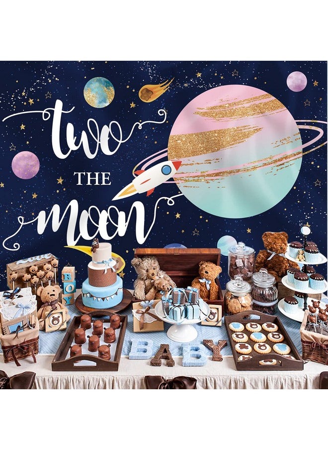 Rsuuinu Two The Moon 2Nd Birthday Backdrop For Girl Outer Space Theme Rocket Astronaut Photography Background Night Sky Stars Planet Galaxy Kids Birthday Party Decor Banner Photo Booth Props 7X5Ft  - Image 4
