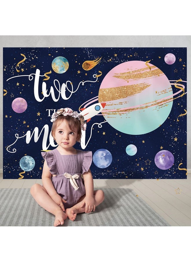 Rsuuinu Two The Moon 2Nd Birthday Backdrop For Girl Outer Space Theme Rocket Astronaut Photography Background Night Sky Stars Planet Galaxy Kids Birthday Party Decor Banner Photo Booth Props 7X5Ft  - Image 3