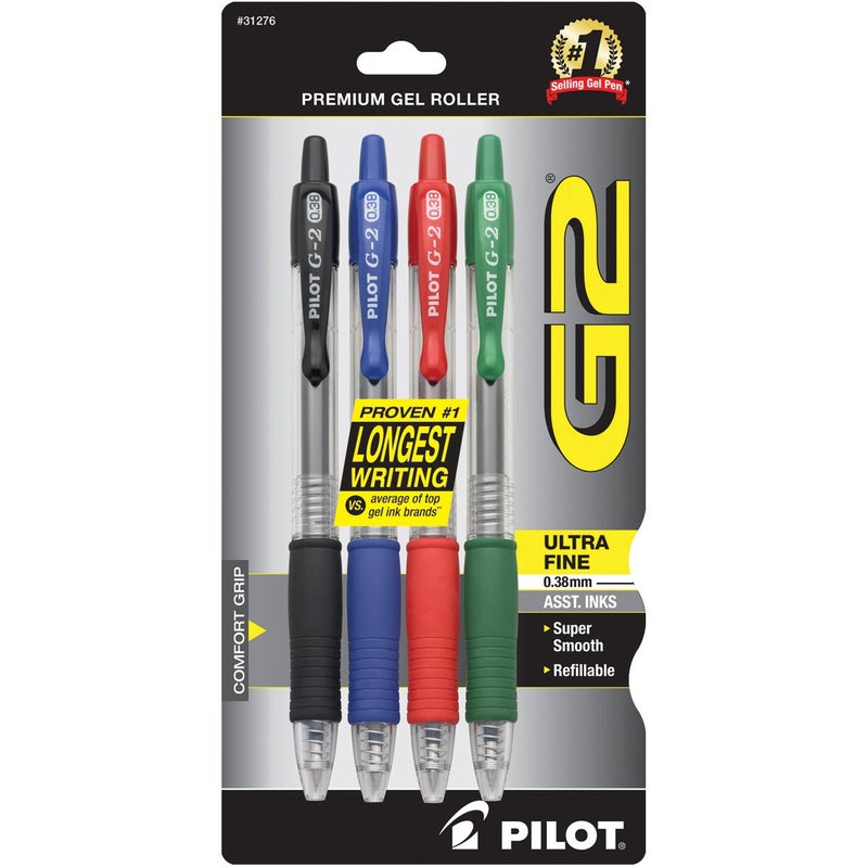 Pilot, G2 Premium Gel Roller Pens, Ultra Fine Point 0.38 mm, Pack of 4, Black, Blue, Green, Red - Image 1