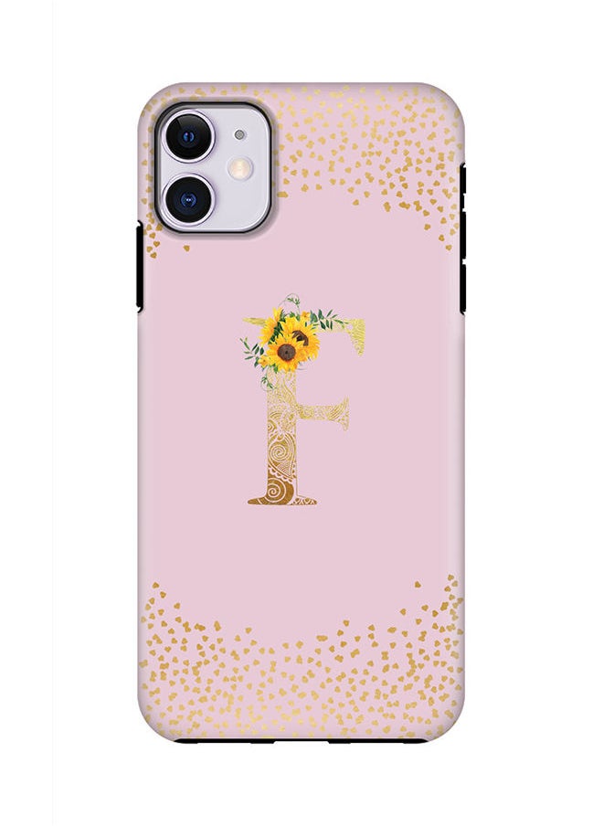 Monogram Tough Cover for Apple iPhone 11 Case Custom Initials Letter Floral Mandala Pattern Tough Pro Dual Layer hybrid PC inner TPU protection Alphabet- F (Pink)