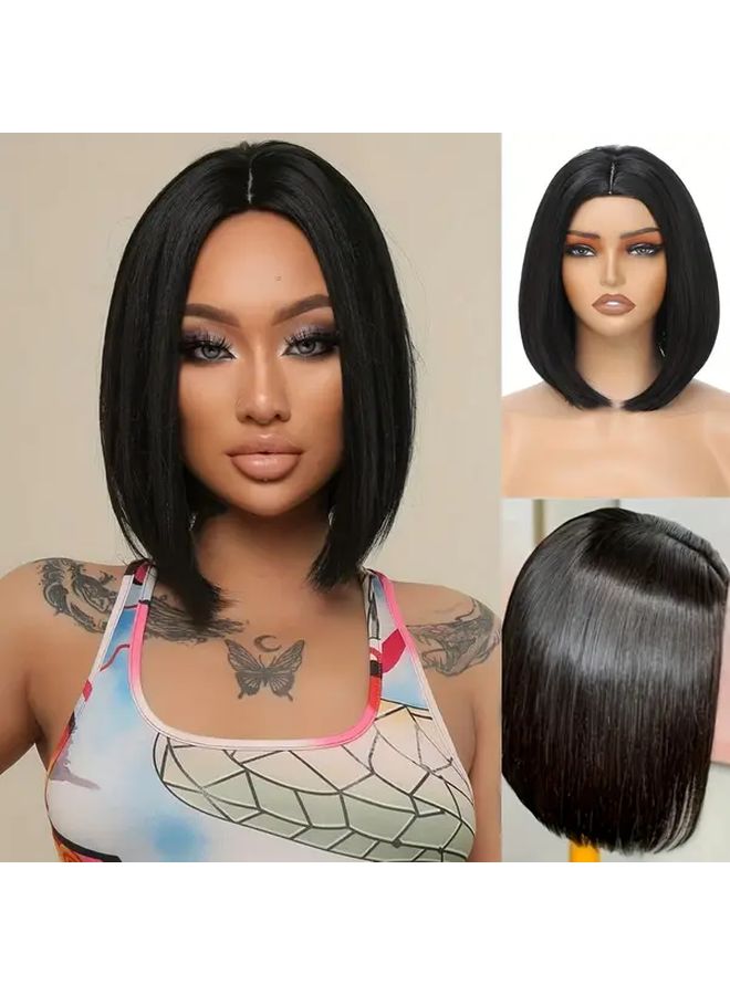 شعر مستعار بوب أسود أنيق بطول 12 بوصة للنساء مقاوم للحرارة صناعي للاستخدام اليومي - Image 3