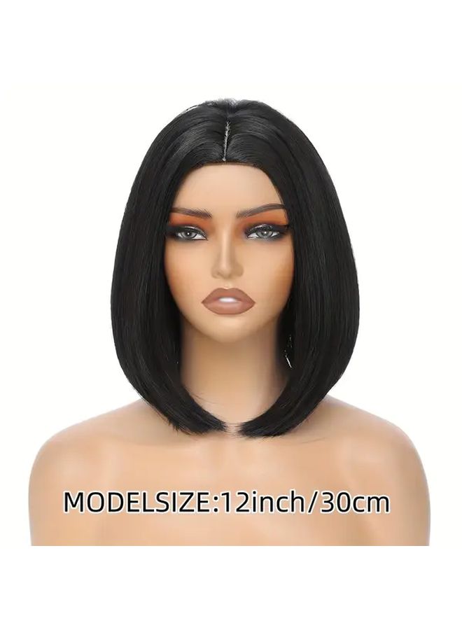 شعر مستعار بوب أسود أنيق بطول 12 بوصة للنساء مقاوم للحرارة صناعي للاستخدام اليومي - Image 4