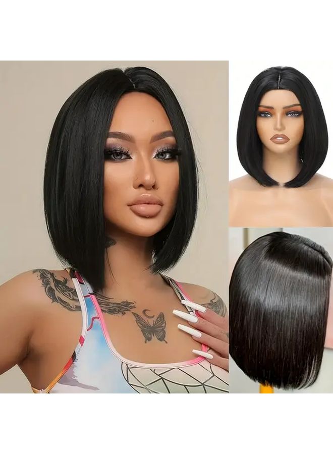 شعر مستعار بوب أسود أنيق بطول 12 بوصة للنساء مقاوم للحرارة صناعي للاستخدام اليومي - Image 1